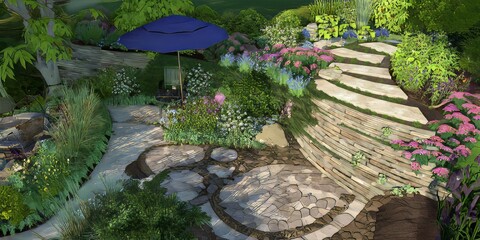 Serene Garden Landscaping: Steps and Stones Among Vibrant Flowers in a Peaceful Oasis Patio