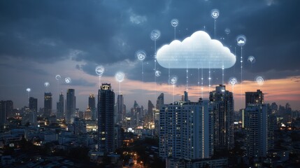 Modern city skyline at dusk with cloud technology icons symbolizing digital connectivity and data exchange over urban landscape and skyscrapers