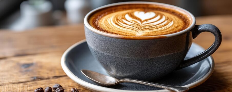Coffee art latte with espresso and minimalist cafe vibe concept. A beautiful latte art in a gray cup resting on a wooden table.