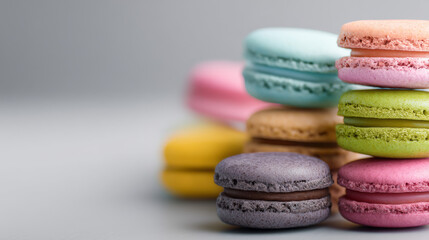 Fototapeta premium Colorful macarons stacked invitingly on a soft gray background.