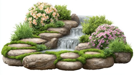 Miniature Waterfall Garden with Blooming Flowers and Mossy Rocks