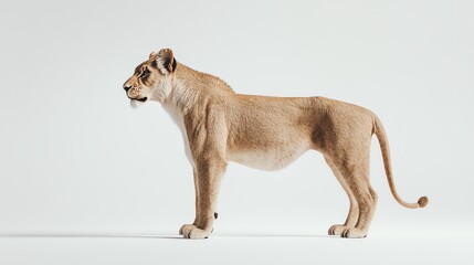 Obraz premium A side profile of a lioness posing gracefully, showcasing its majestic figure and natural beauty. The lioness stands in a neutral setting, emphasizing its strength and elegance.