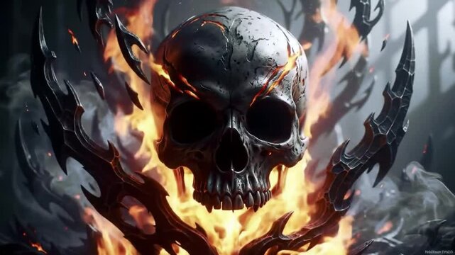 Eerie and fiery digital artwork featuring a detailed skull surrounded by flames and gothic black structures