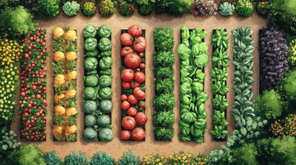 Aerial View of a Vibrant and Organized Vegetable Garden Rows of Tomatoes, Cabbages, and Other Crops