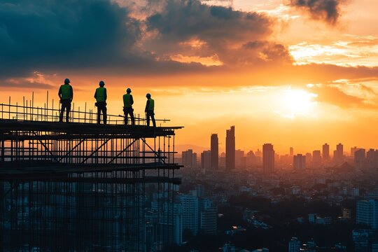 A silhouette of construction workers against a sunset, standing on scaffolding and overseeing a city skyline, clean and professional composition, copy space, natural color, stock photography - Powered by Adobe