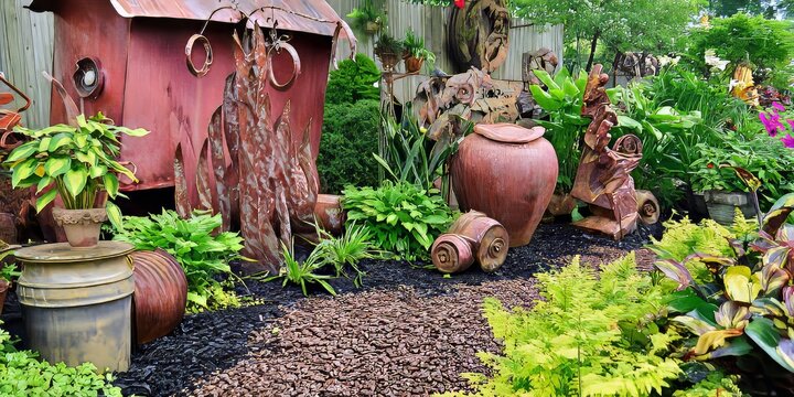 Garden Landscape with Decorative Plants, Statues, and Pottery: Tranquil Outdoor Artistic Design for Creative Backyard Decor