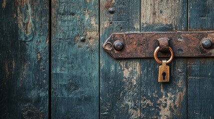 Fototapeta premium Weathered wooden door with antique metal latch and aged brass padlock detail