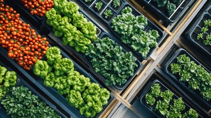 Aerial View of Hydroponic Vegetable Farm:  Rows of Lush Lettuce, Tomatoes, and Herbs Growing in Modern Growing System