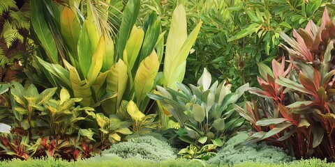 Fototapeta premium Vibrant Tropical Foliage and Lush Greenery in Nature Background for Botanical Art and Sustainable Gardening
