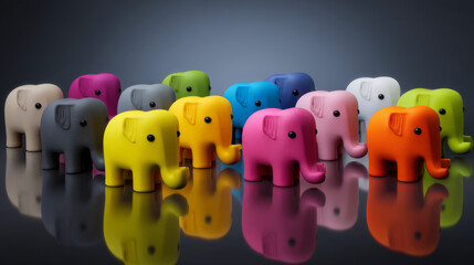 Obraz premium Colorful plastic elephant figurines arranged in a playful display reflecting light.