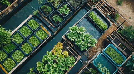 Aerial View of a Floating Aquaponic Garden