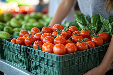 Fresh, ripe tomatoes in green baskets at a vibrant farmers market, showcasing healthy produce and natural colors.