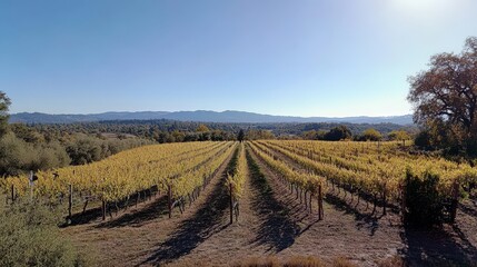 Fototapeta premium Expansive vineyard vista on a clear autumn day.