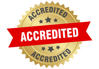 accredited. accredited round red and gold label isolated on transparent background