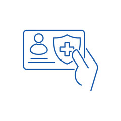 Medical insurance card. Health care life. Protect risks.Vector linear illustration icon isolated on white background.