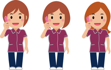 スマホで電話するえんじ色の制服の女性看護師