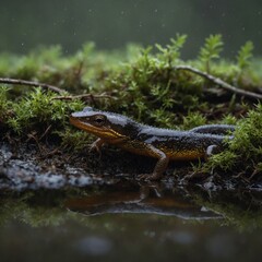 A smooth newt hibernating in damp wood, minimalism
