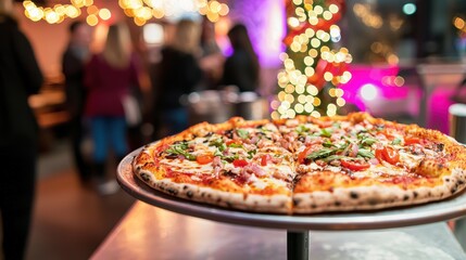 Close up of delicious pizza on a metal tray at a restaurant with warm illumination and blurry people in the background
