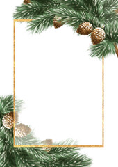 Hand-Drawn Pine Branch Frame with Cones and Gold Border