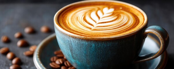 Coffee art latte in cup with warm tone hipster vibe concept. A beautifully crafted latte with intricate foam art in a blue cup.