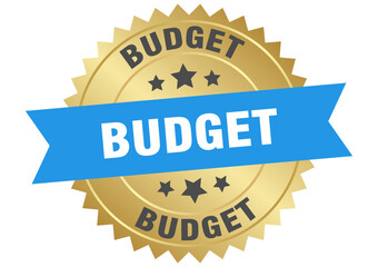 budget. budget round blue and gold label isolated on transparent background