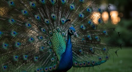 Obraz premium Majestic peacock displaying its vibrant plumage in the evening light.