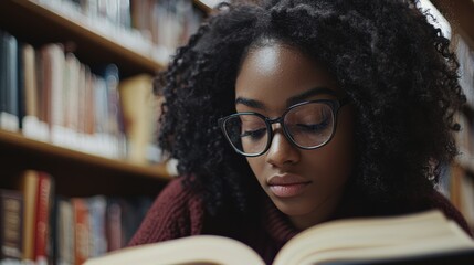Contemplative African American girl immersed in study reading within university library backdrop scene