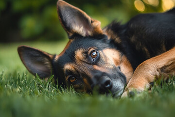 Relaxed german shepherd lying on the grass enjoys a peaceful afternoon
