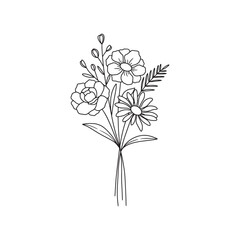 Wildflower bouquet vector. Rose flower bouquet. Hand drawn flower, wild plant, botanical vector illustration