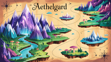 A whimsical colorful map of diverse imaginary lands