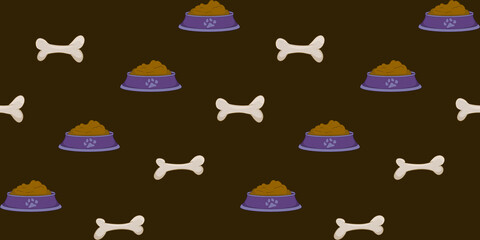 Seamless cartoon pattern of dog bones and food bowls placed diagonally on dark brown background, great for pet shop packaging, wrapping paper and children design.