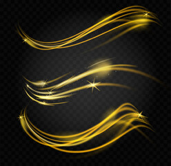 golden light streaks curved on transparent background, motion and speed, with subtle sparkling particles, fast-moving objects design or shooting stars