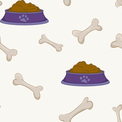 Seamless cartoon pattern featuring dog food bowls and chewing bones. Ideal for pet-themed prints, packaging, or digital backgrounds.