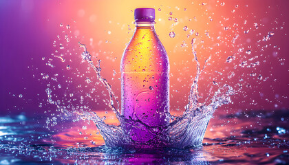 A vibrant energy drink bottle surrounded by colorful bubbles and splashes, radiating dynamic energy