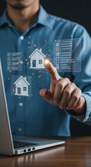 Smart Home Search: Man Selecting Property Features Online. Real Estate Tech, Investment & Inspections with Digital Checklist on Laptop