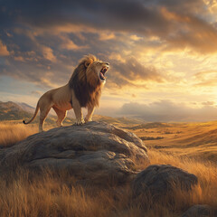 the lion powerful roaring in the savannah