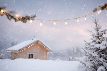 Naklejka premium serene winter landscape in usa featuring snowcovered trees and cozy cabin