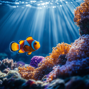 a clownfisch swimming in the coral reef in the sea