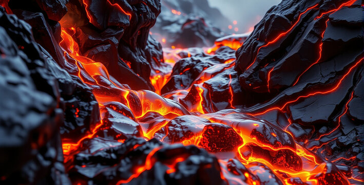 Molten Lava Flow in a Volcanic Landscape
