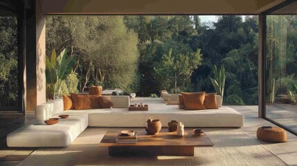 Modern outdoor living area with neutral tones.