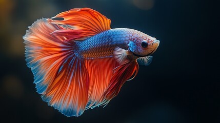 Fototapeta premium Colorful betta fish swimming in water against black background, graceful movement with red, blue, white, and pink tail, natural light, full-body portrait