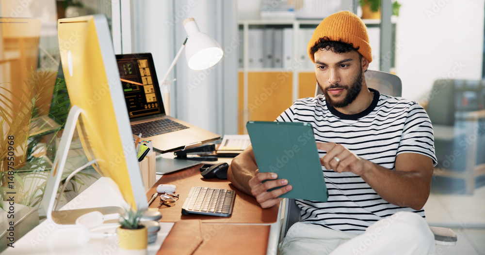 Poster creative, man and typing with tablet in office for social media insights, content performance and ca