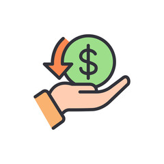 Hand Receiving Green Dollar Coin With Downward Arrow Depicting Refund