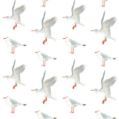 Flying and standing seagulls seamless watercolor pattern on white background. Hand-painted coastal design. Ideal for fabric, kids decor, wrapping paper, wallpapers and stationary, scrapbooking