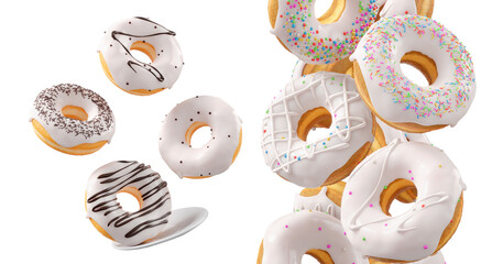Fototapeta premium Donuts with white chocolate glaze, sprinkles, white drizzle, and dots isolated on white transparent background. 3d rendering and illustration of dessert variety