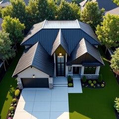 Modern home with blue roof, large windows, and wellmanicured lawn