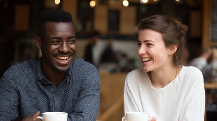 Cheerful couple of diverse backgrounds enjoying coffee together in a cozy cafe setting
