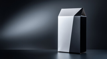 Elegant minimalistic milk carton design in black and white on a dramatic backdrop.