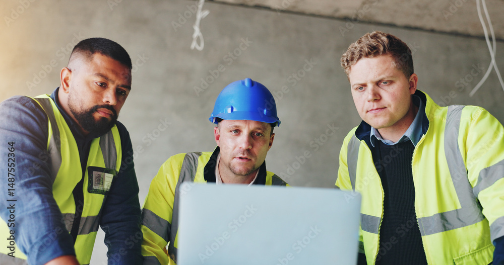 Poster man, laptop and team at construction site with meeting, review and planning for renovation project. 