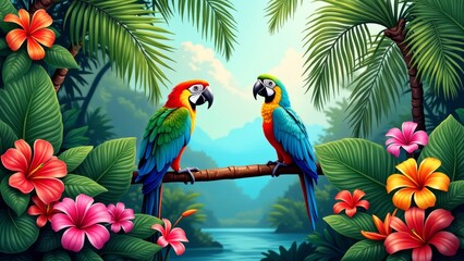 Two colorful parrots facing each other on a branch in a tropical setting